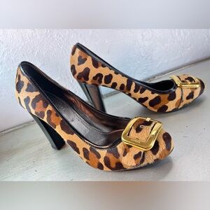 PRADA “The original Car Shoe”Leopard Print Heels with Prominent Gold Buckle